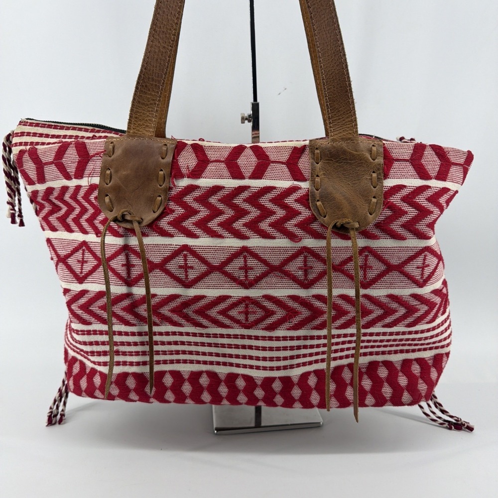 Noonday Collection Santa Lucia Embroiderd Cotton Leather Red Tote Bag Beach